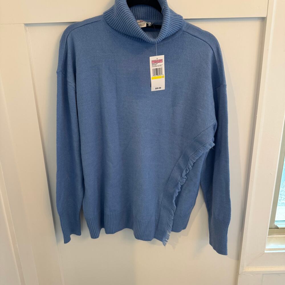 Vineyard Vines NWT Blue Fringed Turtleneck Faux Wrap Sweater Wool Blend Medium